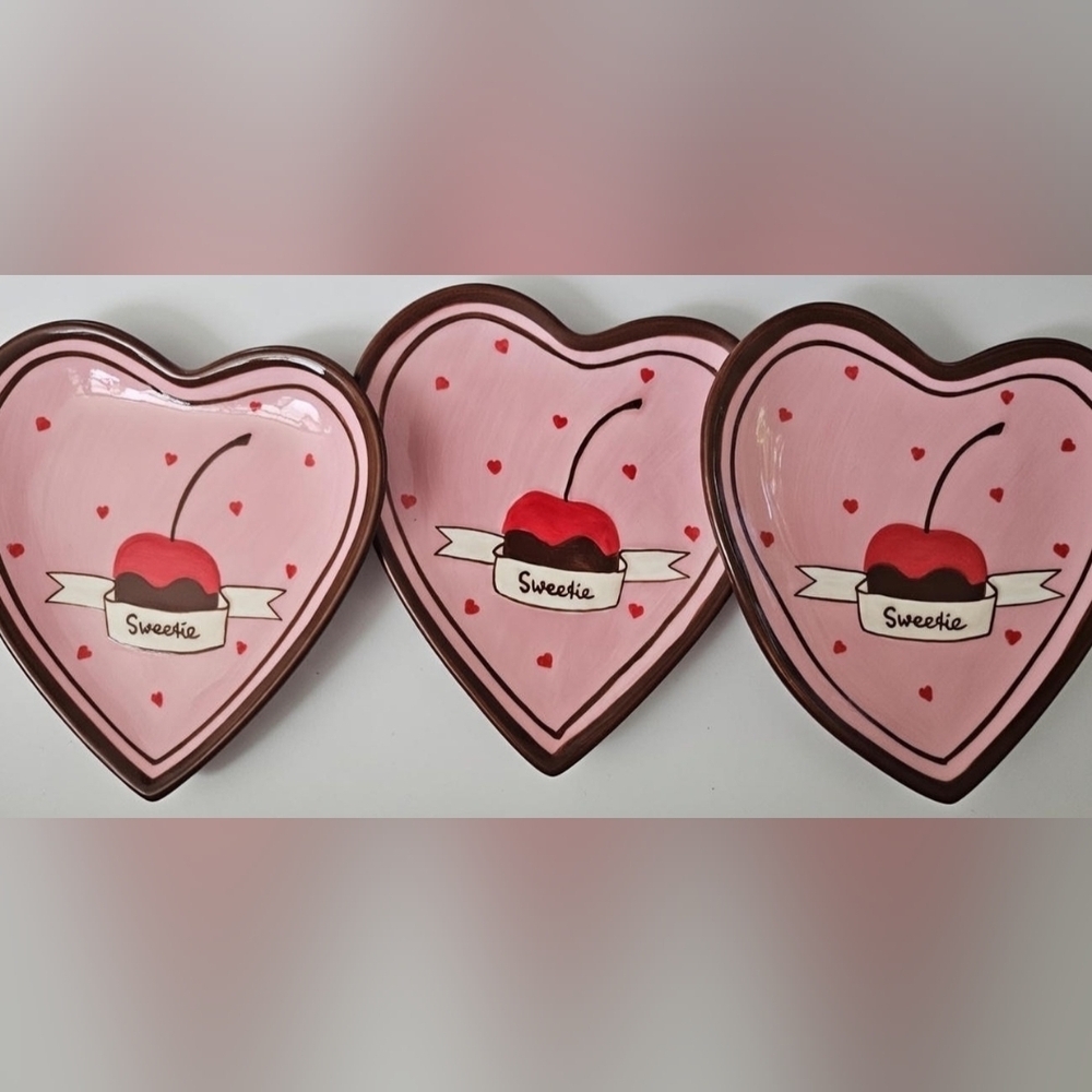Set Of 3 Whimsical Cherry Valentine Treat Dishes Sweetie, Pink And Red